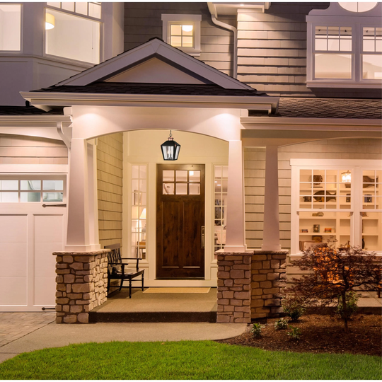Westinghouse Valley Forge Three-Light Outdoor Pendant, Matte Black Finish with Washed Copper Accents and Clear Seeded Glass