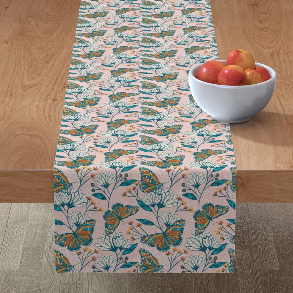 Garden Butterflies Table Runner - Florida Beauty By Ashleyinthestars Pink Vintage Butterfly Bugs Cotton Sateen Spoonflower