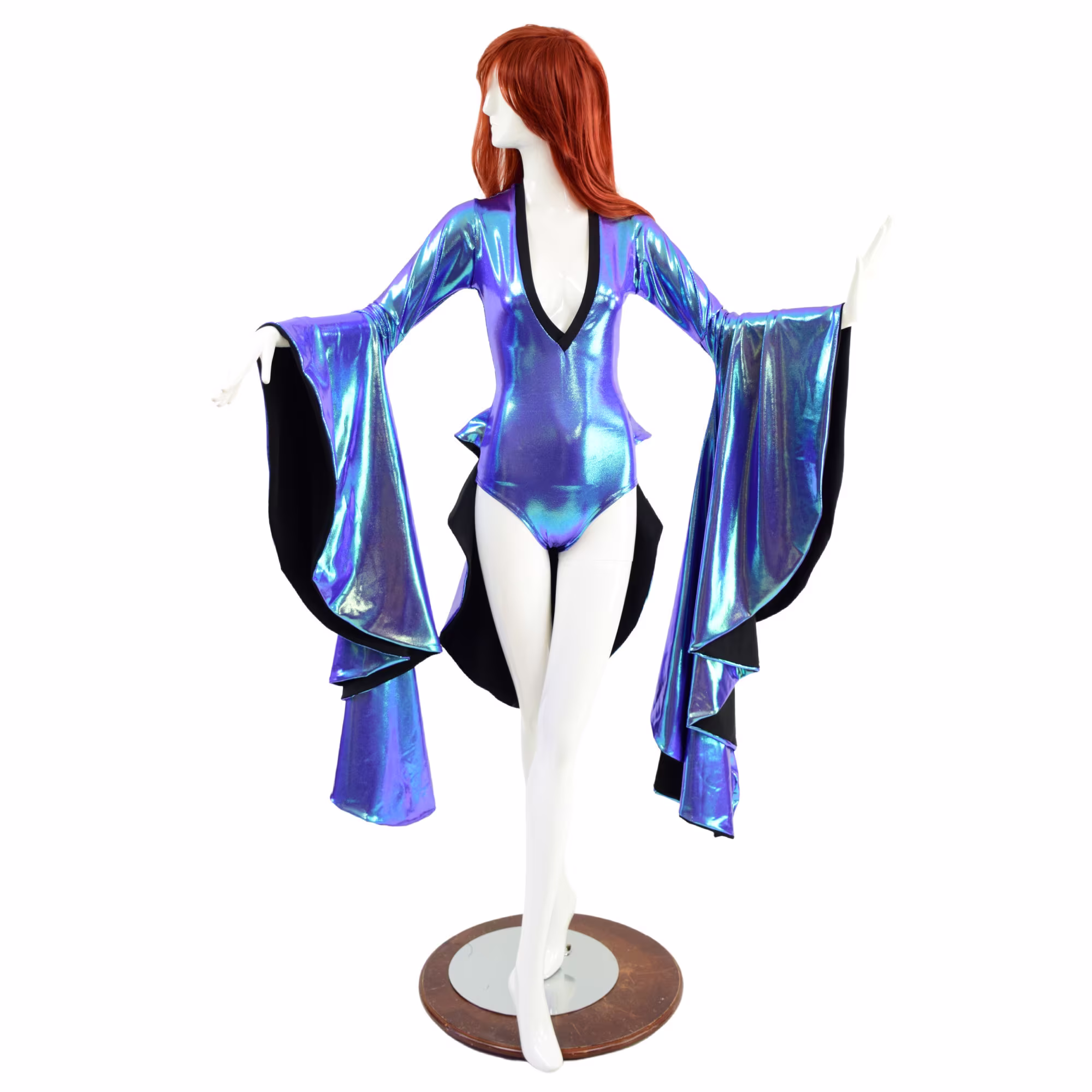 Sorceress Sleeve Romper with Plunging V Neckline, Siren Cut Leg, & Tuxedo Back. Created in Moonstone With Smooth Black Trim/Linings 1579159