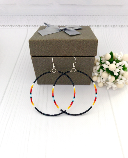 Black Beaded Hoop Earrings Colorful Native Style Dangle Seed Beads West American Jewelry Colors