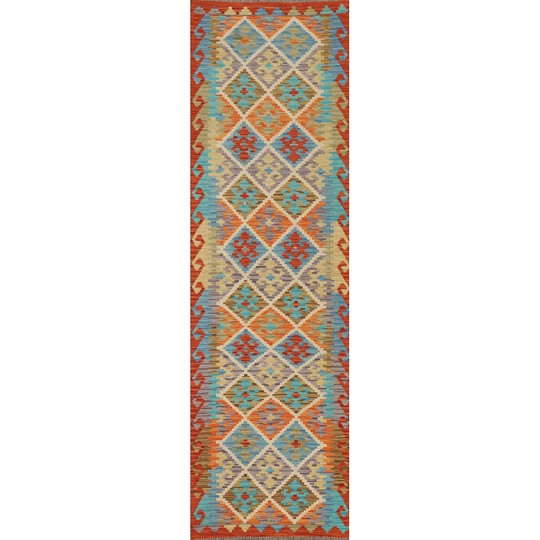Kilim Reversible Runner Rug Flat-weave Geometric Colorful Wool Carpet - 2'9" x 9'8"