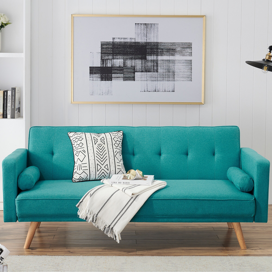 Variable Living Room Sofa Bed Folding Sofa with Adjustable Tufted Back and Round Wooded legs, Retro Blue