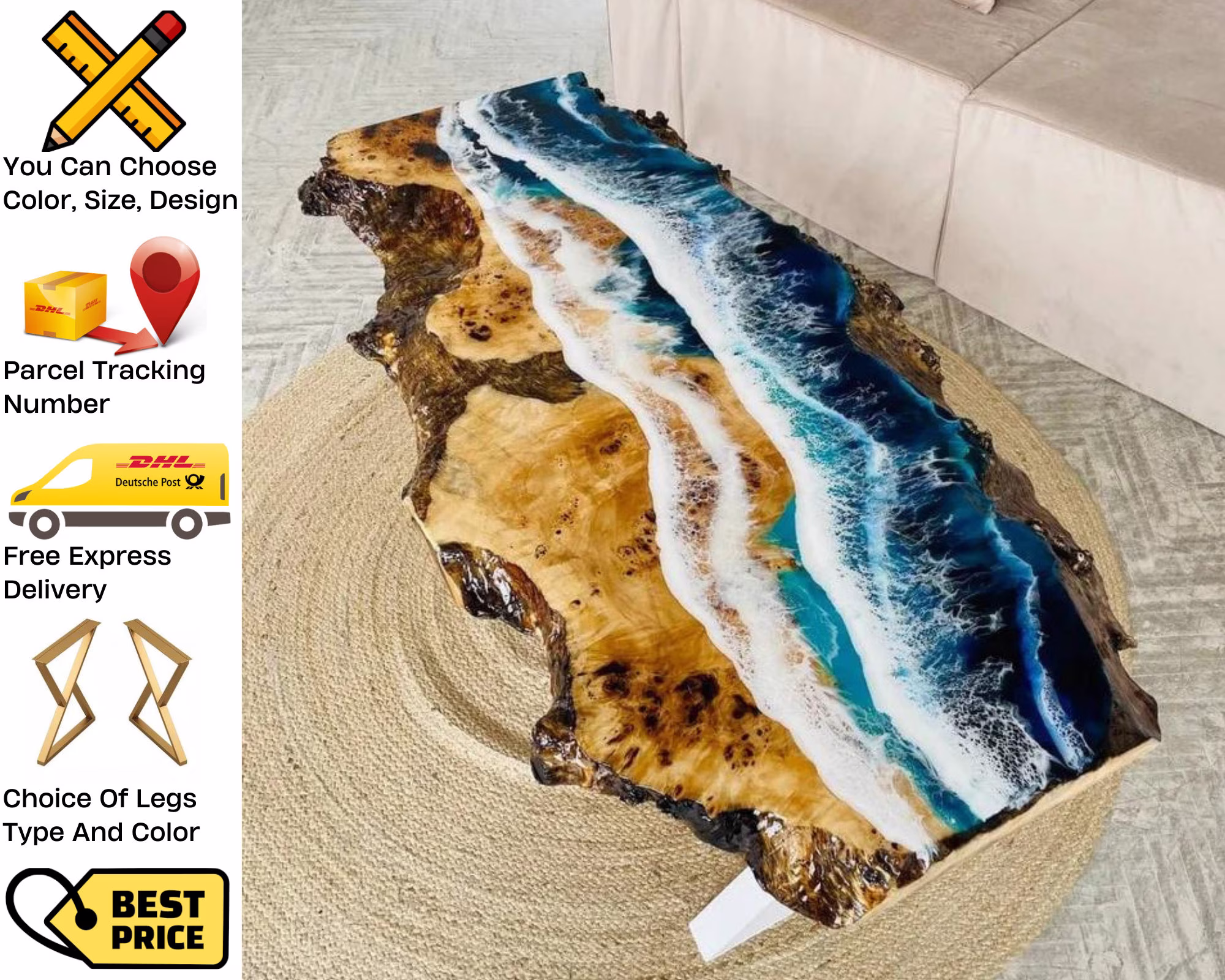 Custom Order Epoxy Resin Table, Ocean Wave Art, Dining Table, Coffee Art, Tabletop