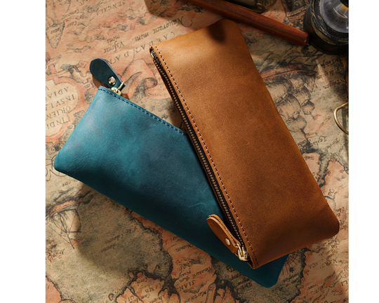 Rustic Top Grain Leather Pencil Case | Leather Pencil Pouch Holder Zipper Design Father's Day Gifts