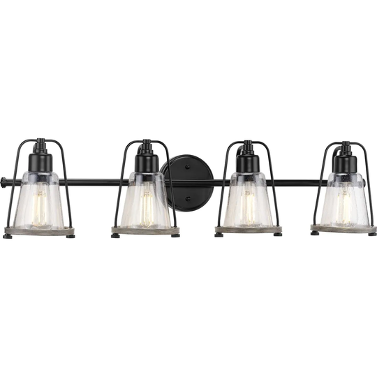 Conway Collection 4-Light Matte Black Clear Seeded Glass Farmhouse Bath Vanity Light