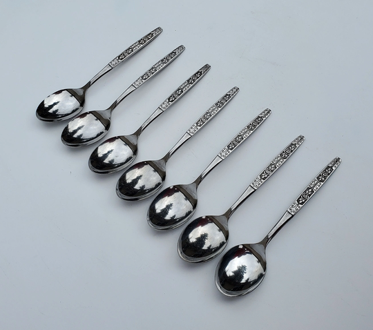 Oneida Northland Stainless Flatware Secret Fling Pattern Soup Spoon Set Of Seven Spoons - Floral Handle Design 7" Mid Century
