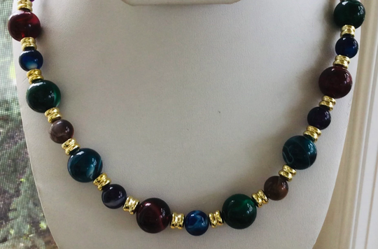Multi-Colored Plastic Beaded Necklace, Gold Tone, Vintage, 19"