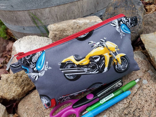 Motorcycle Pencil Case, Personalized School Supply Bag, Boys Pencil Pouch, Fabric Zipper Kids Makeup Bag