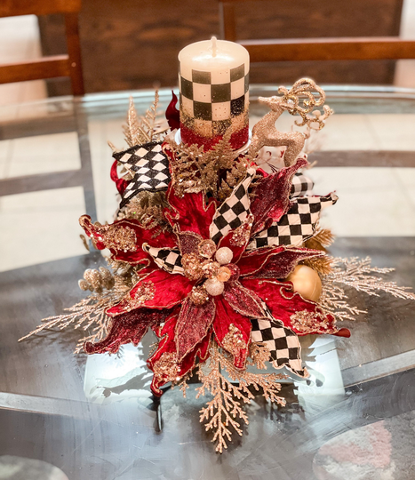 Christmas Centerpiece, Table Decor, Gift, Red Black White Floral Arrangement