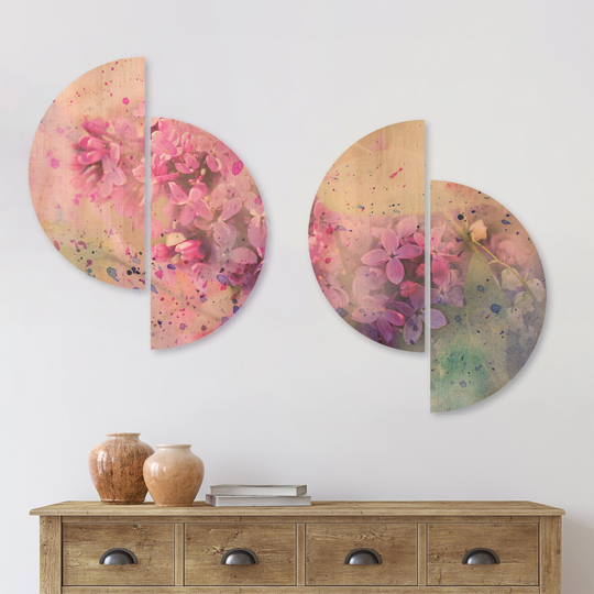 Designart 'Twig of Lilac Flowers' Floral Wood Wall Art Set of 4 Half Circles - Multi-Color
