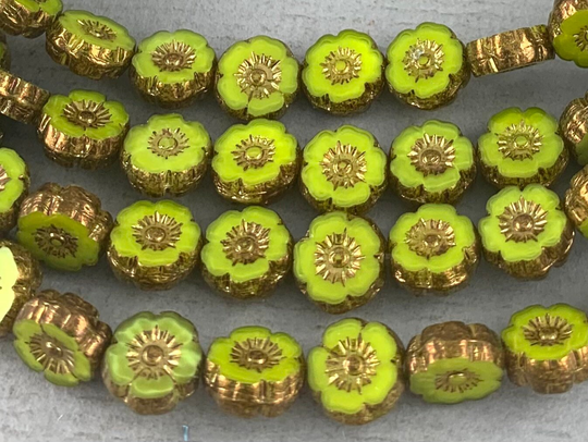 Avocado Green Czech Glass Table Cut Flower Beads, Bronze Luster Edge, Starburst, Daisy - 9mm 12Pcs Fb904-B92
