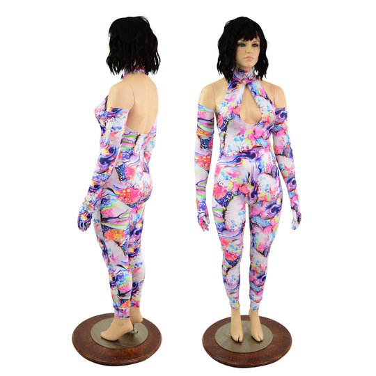Backless Catsuit With Snap Back Turtleneck, Teardrop Keyhole, & Matching Dreamscape 22" Long Gloves 157831
