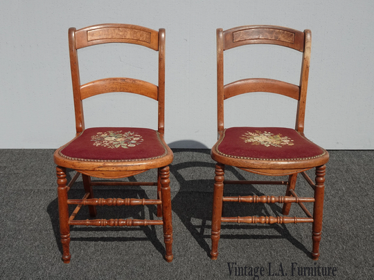 Pair Antique French Country Farmhouse Red Tapestry Needlepoint Accent Chairs