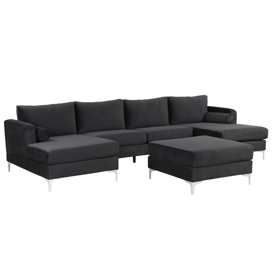 Modern Velvet Fabric Sectional Sofa Couch Reversible Chaise Sofa U-shaped Upholstered Couch Sofa with Ottoman and Pillow Back