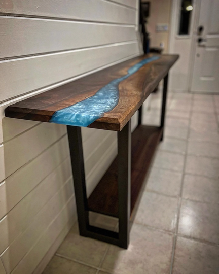 Live Edge Epoxy River Console Table ~ Sofa Table Entry Foyer With Shelf