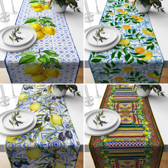 Lemon Table Runner, Citrus Kitchen Yellow & Blue Floral Tablecloth, Fruit Decor, Dining Gifts, Gift For Her