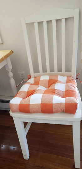 Set Of Two 16" X Chair Pads, Tangerine Orange Tufted Pad, Bar Stool Cushion, Buffalo Plaid Seat