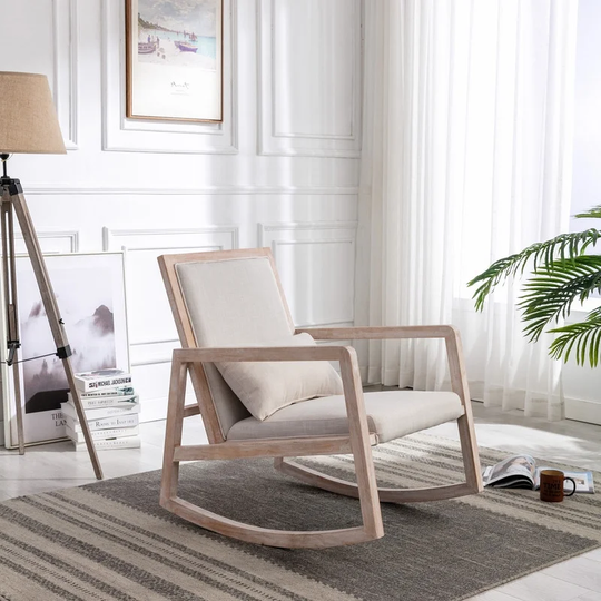 Solid Wood Linen Fabric Rocking Chair w/ Lumbar Pillow,Rocker Chair