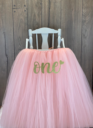 Blush High Chair Tutu, Any Color Girls First Birthday Highchair Skirt, Light Pink 1st Decor, Smash Cake Party, Glitter Gold