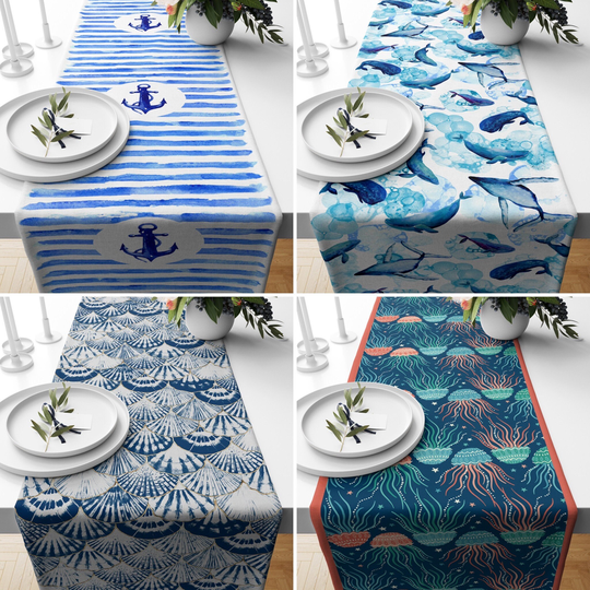 Blue Marine Table Runner, Fish & Anchor Kitchen Nautical Tablecloth, Coastal Cover, Housewarming Gifts, Dining Room Decor