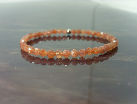 Dainty Sunstone Faceted Bracelet 4mm + Sterling Silver Bead, Natural Gemstone Bracelet, Stretch Beaded For Women Girl Gift Bag