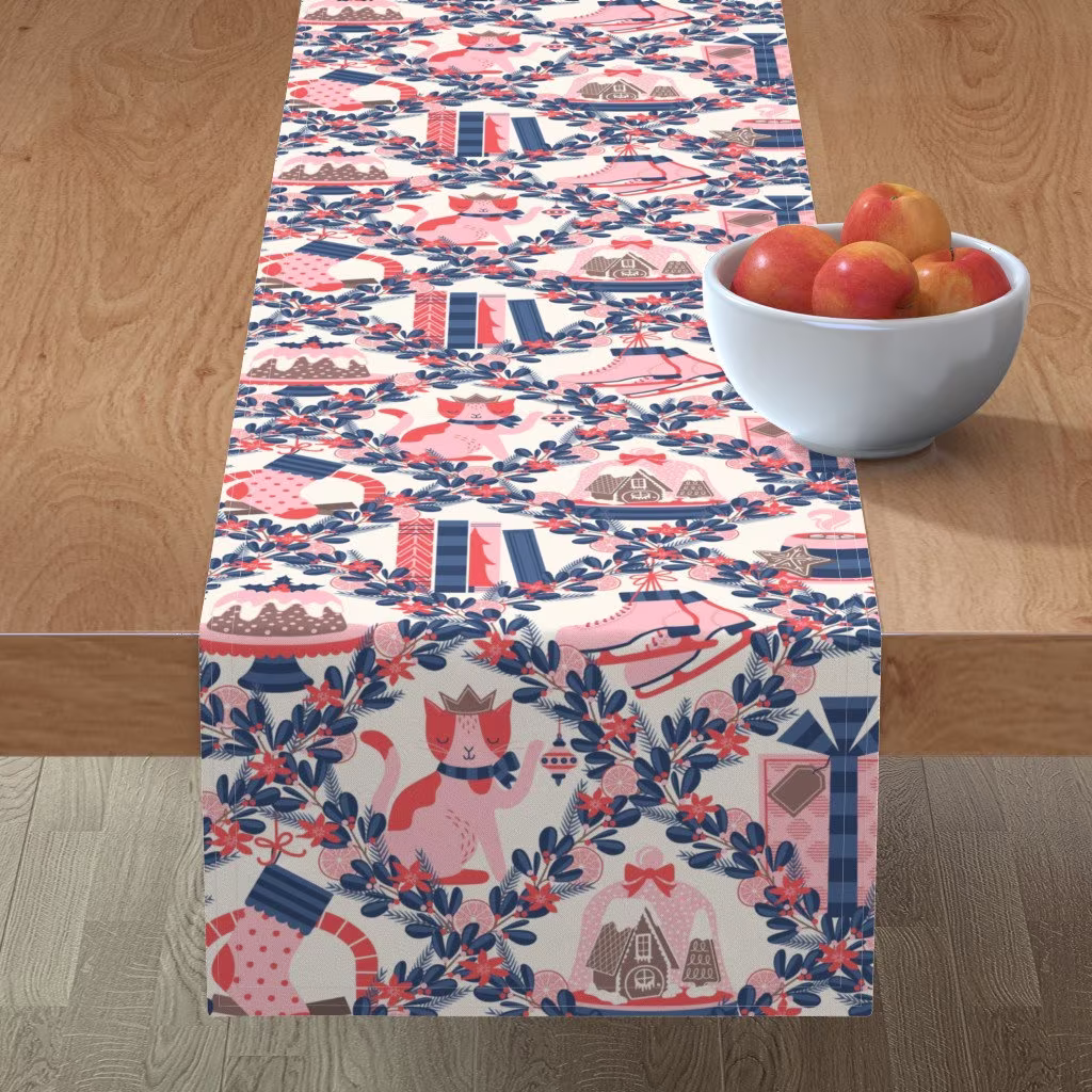 Winter Damask Table Runner - Holly Jolly Holiday By Nanshizzle Pink Blue White Whimsical Cotton Sateen Spoonflower