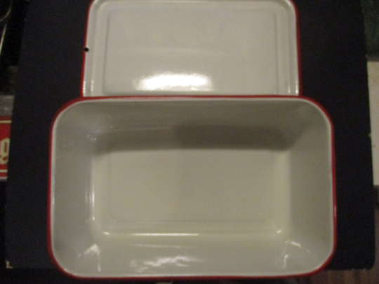 Enamel Medical Tray With Lid - Red Trim Form 12.5" X 8" 4.25" Great Stylish Storage & Serving in Kitchen Or Office