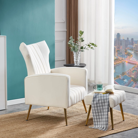 EYIW Modern Velvet Accent Chair with Arms, Wingback Reading Chair, Comfy Upholstered Single Leisure Sofa Bring a Footstool