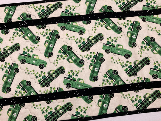 st. Patricks Day Quilted Table Runner, Good Luck Truck Shamrock Christmas Kitties Decor