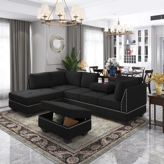 Rivet Linen L-shape Reversible Sectional Sofa with Storage Ottoman