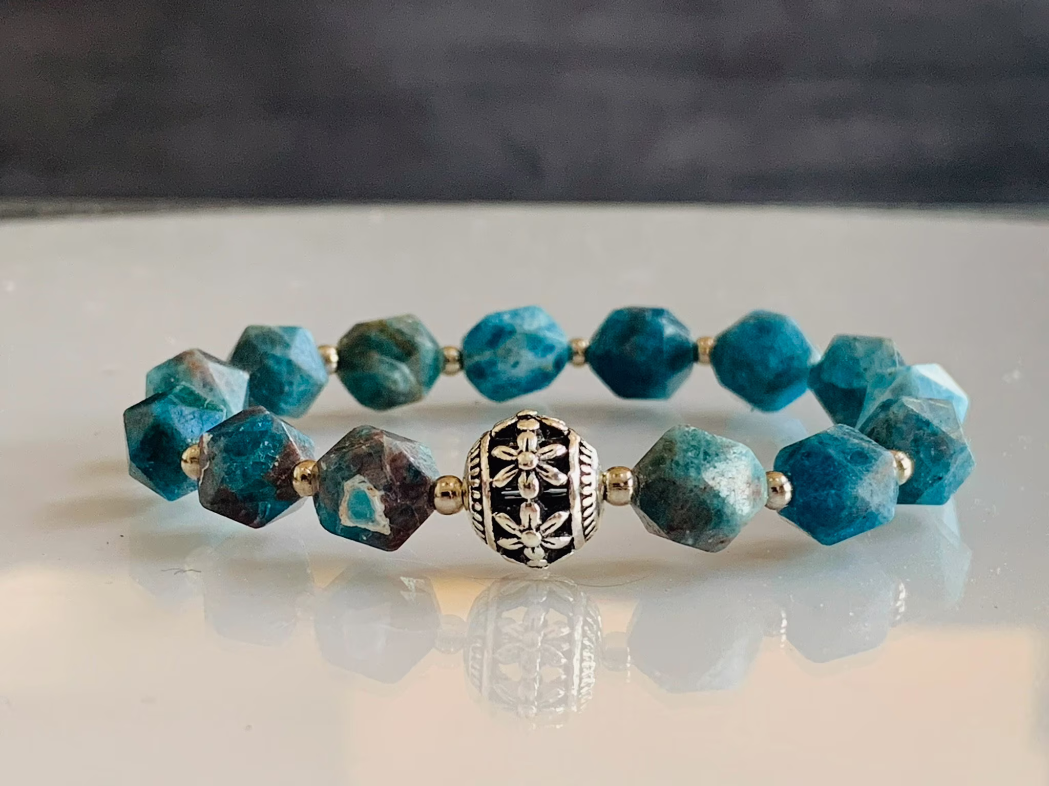 Apatite Bracelet, Natural Stretch Large 10mm Star-Cut Stones, Genuine Blue Gemstone Bracelet