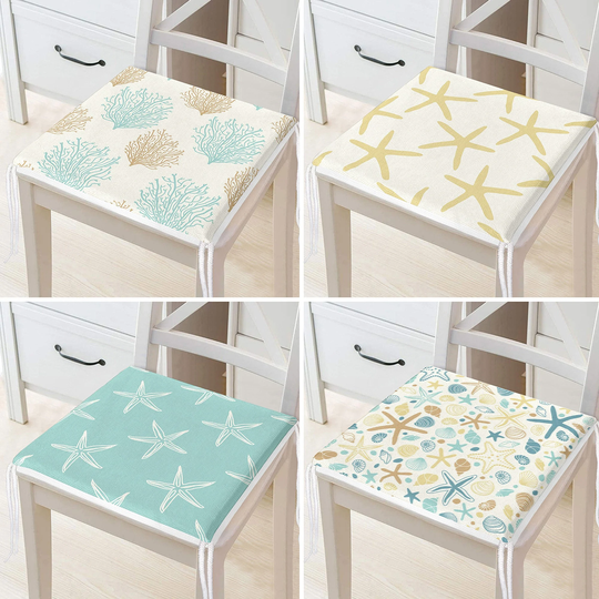 Set Of 4 Beach House Chair Cushion|starfish & Coral Print Seat Pad With Zip Ties|Nautical Set|Coastal Outdoor Cushion