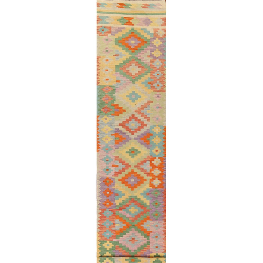 Geometric Multi-Color Kilim Oriental Runner Rug Flat-weave Wool Carpet - 2'8"x 16'5"