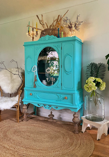 Free Shipping Antique Heavy Well Made Wood China Cabinet Coastal Farmhouse Turquoise & Bleached Beachy Free
