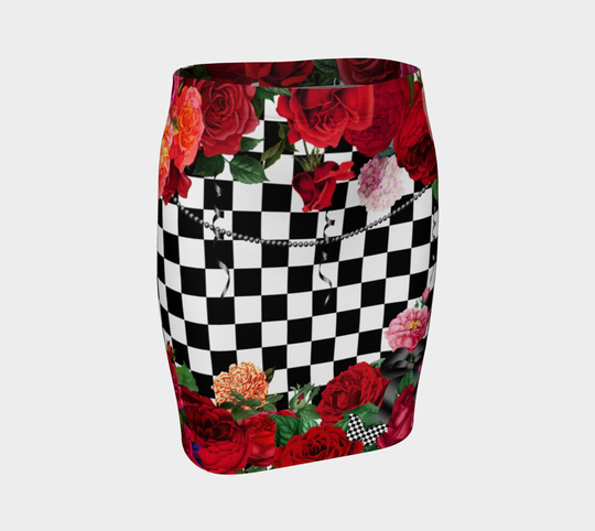 Checkerboard With Red Pink Flowers Fitted Skirt, Bodycon Pencil Festival Clothing, Women's Stretch Dance Skirt