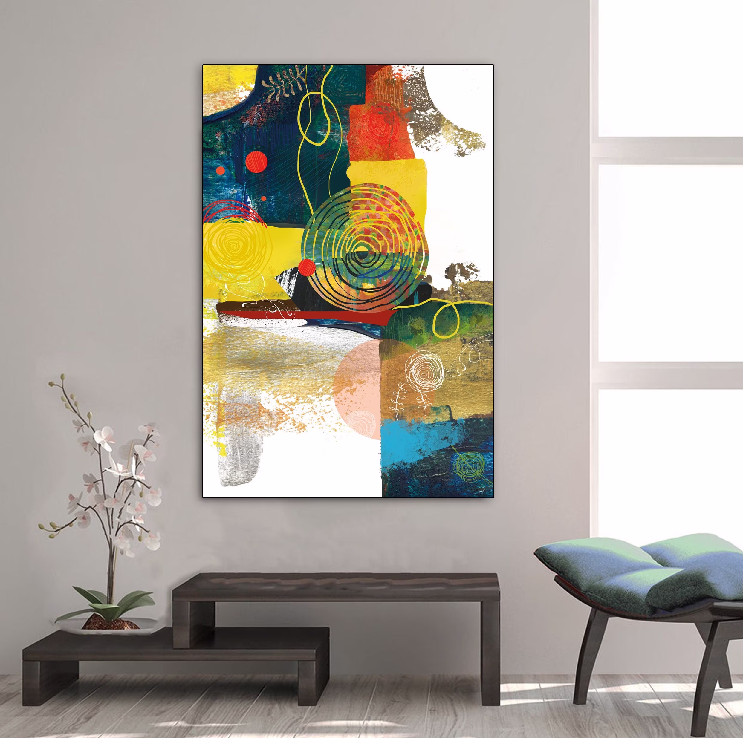 Abstract Colorful Art, Large Geometric Wall Art Print, Mid Century Contemporary Modern Brushstroke Yellow, Blue, Green Shapes