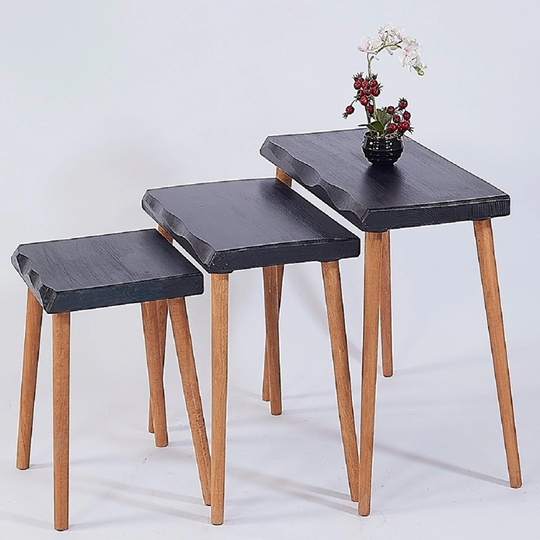 Natural Pine Wood Coffee Table, Navy Blue & Brown Nesting Side Table Set 3, Useful End Sofa Settable