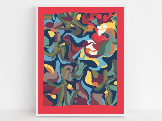 Vibrant Colorful Abstract Wall Art - Modern Tropical Print Navy Blue Green Red Yellow Picture Available Matted Or Framed