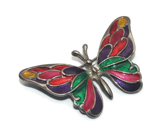 Vintage Silver Tone & Multi Color Enamel Butterfly Brooch