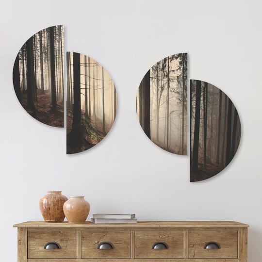 Designart 'Misty Forest Morning Panorama' Landscape Wood Wall Art Set of 4 Half Circles - Multi-Color