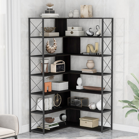 7-Tier L-Shaped Office Corner MDF Board Bookshelf,Metal Frame Shelf