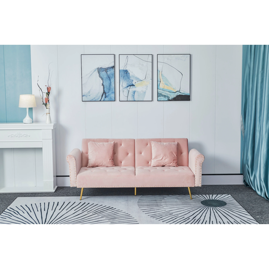 Velvet Nail Head Loveseat Sofa Convertible Futon Sofa Bed with Two Throw Pillows