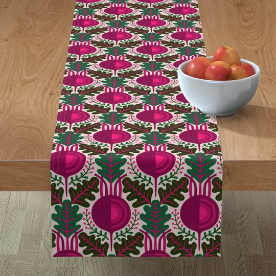 Beet Damask Table Runner - Beetroot & Herb By Meliszawang Bold Fuchsia Vegetable Garden Summer Cotton Sateen Spoonflower