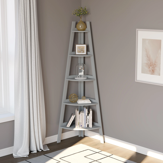 Corner Shelf 63"H/Light Grey with 5 Tier and Borders for Living Room - 17.52" x 26.4" x 63 "