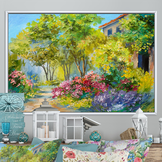 Designart 'Colorful Flowers In Mediterranean House VIII' Cabin & Lodge Framed Canvas Art Print