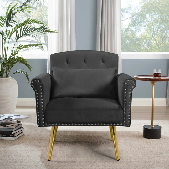 Velvet Nailhead Accent Chair with Metal Legs and 2 Side Pockets