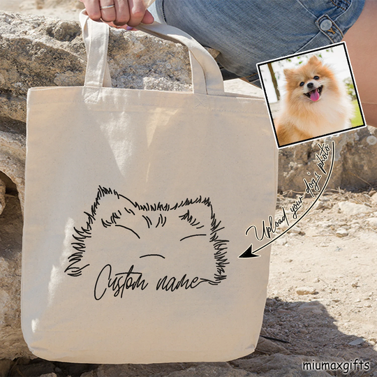 Custom Dog Ears Outline Tote Bag, Pomeranian Line Art Drawing Minimalist Bag