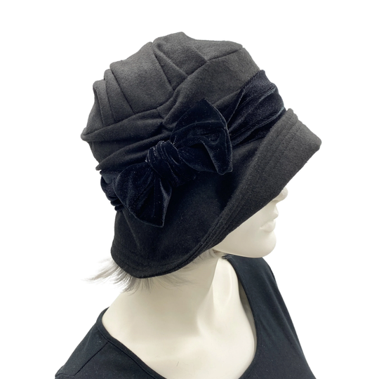 Black Cloche Hat, 1920S Style, Vintage Womens Hats, Handmade Woolen Hat With Velvet Band & Bow, The Alice