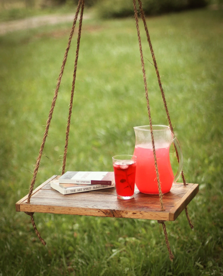 Hammock Table - Outdoor Hanging Rope Hung End Backyard Patio Reclaimed Barn Wood Rustic Outdoor Furniture Country Farm