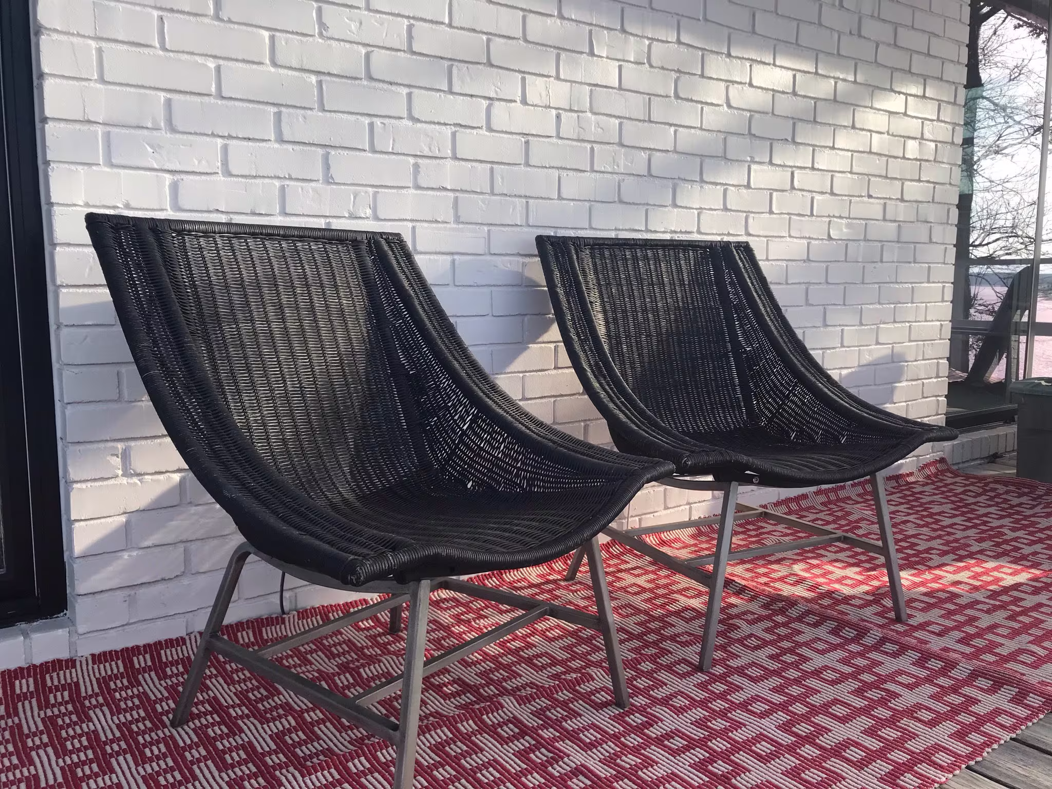 Mid-Century Modern Black Wicker Chairs With Metal Base - A Pair